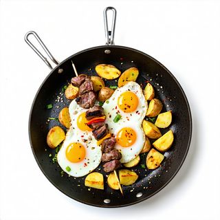 Sartén De Huevos Y Patatas Con Pincho Moruno