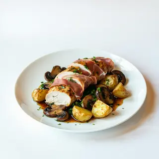 Saltimbocca cu piept de pui, prosciutto și ciuperci, cartofi copț