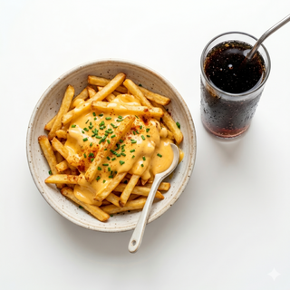 Papas con queso cheddar y cola