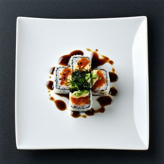 California con queso, ensalada de algas, salsa tonkatsu (6 piezas)