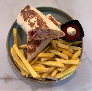 Cheesy egg wrap and fries