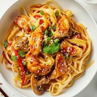 79. Пикантни спагети с гъби, пиле, кисели краставици и яйце (500 г)