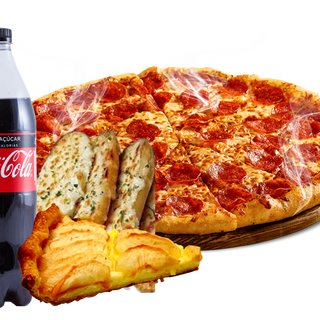 Mega Box 2 Pizzas Familiares + 6 Pão Alho Mozzarella + 2 Bebida 1,5lt + 6 Sobremesas (6-8 Pessoas)