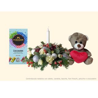 centro tavola natalizio con candela pelushe grande e Cioccolatini