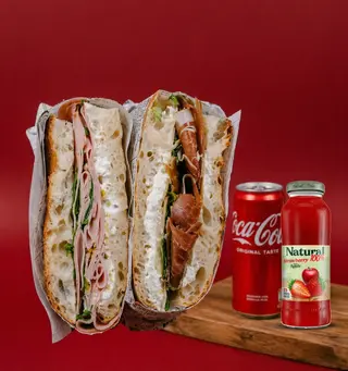 Mortadella focaccia + Prosciutto focaccia + 2 soka GRATIS