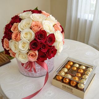 Arrangement Rond Avec Boîte - 36 Roses Multicolores