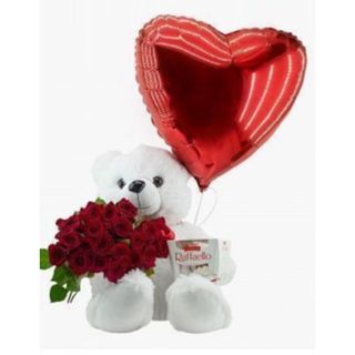 დათუნია წითელი ვარდებით (10 ვარდი) და ჰელიუმის გული