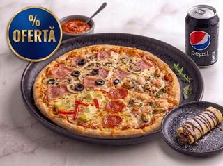 OFERTA Pizza Quattro Stagioni 28 cm + 1 clatita cu ciocolata + doza de suc pepsi