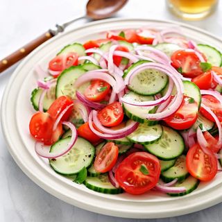 Salată de roșii cu castraveți, ceapă și oțet