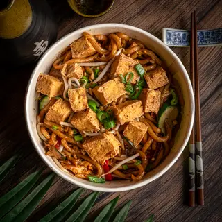 Udon z sosem z czarnego pieprzu. Tofu