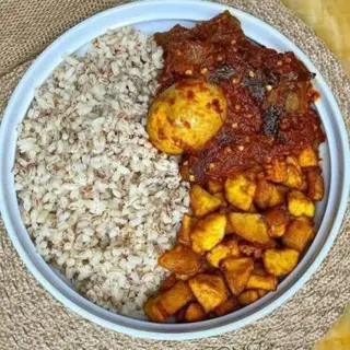 Ofada Rice + Meat + Boiled Egg + Fried Plantain