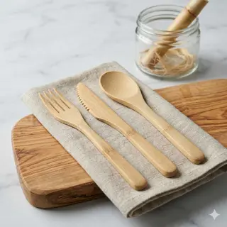Set posate in legno e tovagliolo