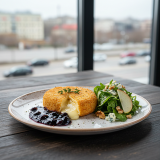 Branza camembert in crusta panko cu dulceata de afine si salata bacio
