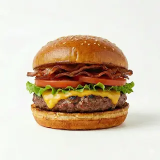 Hamburguesa con bacon, queso, lechuga y tomate