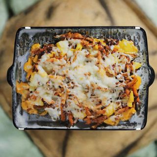 Boniatos con queso cheddar y mozzarella