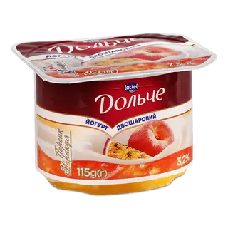 Йогурт «Дольче» персик-маракуя двошаровий 3,2% стакан (115г)