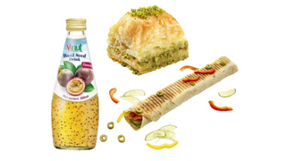 Rollo Kebab Tortilla, Napój - owoce pasji z nasionami bazylii, Baklava