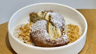  Banana cake with mousse and crumble