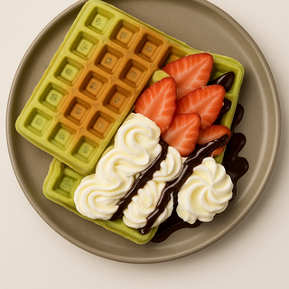 Spinach waffle with cream cheese , strawberries,  and whipped cream