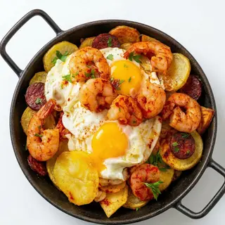 Ración De Huevos Rotos Con Gambas