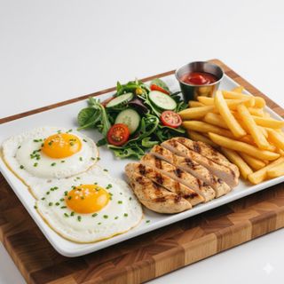 Huevos con pollo y ensalada