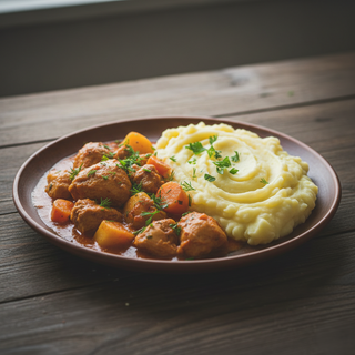 Tocăniță de pui de casă cu mămăligă/ piure