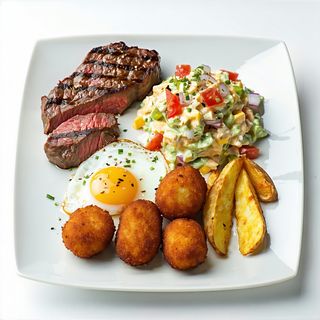 Filete, Huevo, Croquetas, Patatas Y Ensaladilla Rusa