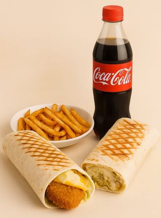 1 chawarma poulet +chicken wrap +frites épicées +boisson 25cl