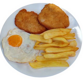Escalopa de pollo + patatas + 1 huevo