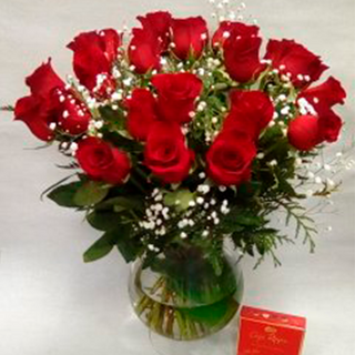 24 Rosas en ramo y bombones