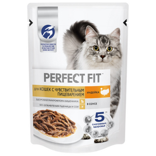 Влажный корм PERFECT FIT™ для кошек с чувствительным пищеварением, с индейкой в соусе, 75г  4660085515224