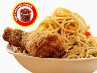 Stir - fry Spaghetti served with grilled Chicken 