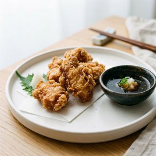 Pollo in tempura accompagnato da salsa in tempura