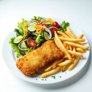 Smażony filet z ryby z frytkami i surówką