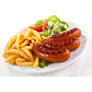 Chicken sausages with chips and salad