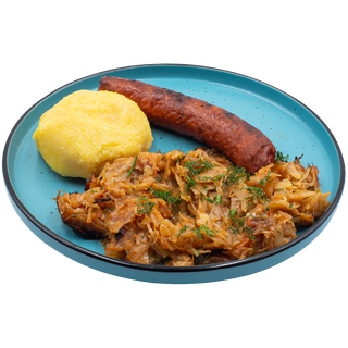 Varză cu cârnați afumați la grătar și mămăligă 500g