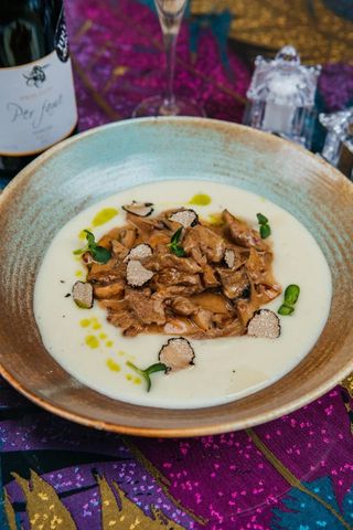 Beefstroganoff (from Filet mignon) with onions and mushrooms