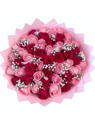 Red + Pink Roses + Baby Breath