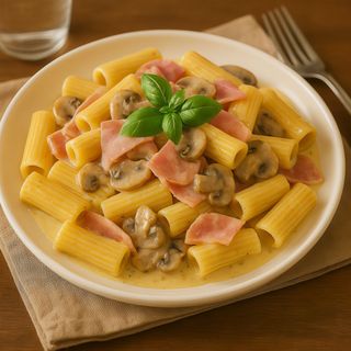 RIGATONI CON JAMÓN Y CHAMPIÑONES