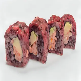 137. Uramaki arroz negro de langostino y salmón i salsa mango (8uds)