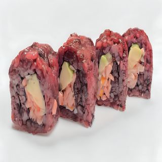 137. Uramaki arroz negro de langostino y salmón i salsa mango (8uds)