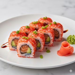 Uramaki de Salmón, Aguacate y Tobiko