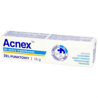 Acnex żel punktowy zawiera olejek z drzewa herbacianego + bisabolol 15g Farmina