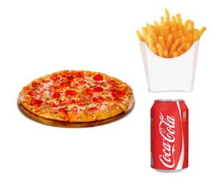 1 Pizza Con Patatas Fritas con salsas y Bebida (33 Cl.)