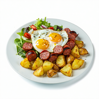 Chorizo casero, patatas, dos huevos y ensalada