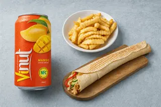 Rollo kebab tortilla, Napój o smaku mango, frytki