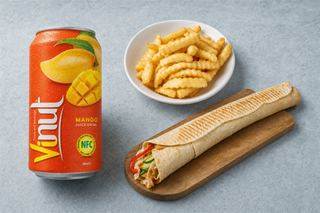 Rollo kebab tortilla, Napój o smaku mango, frytki