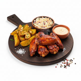 Aripi de pui BBQ cu cartofi aromati , salata coleslaw si sos remoulade