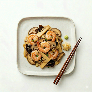 Gambas Con Setas Y Bambú