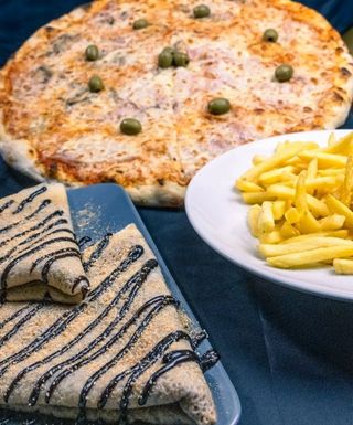 Pizza Capricciosa 45cm + pomfrit + palačinka